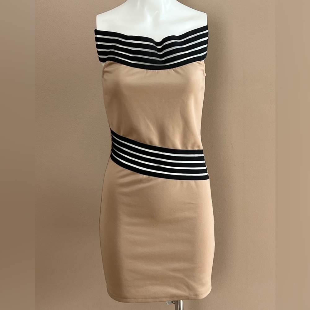 Grace Strapless Tan Dress with Black & Clear Striped Trim Sz S